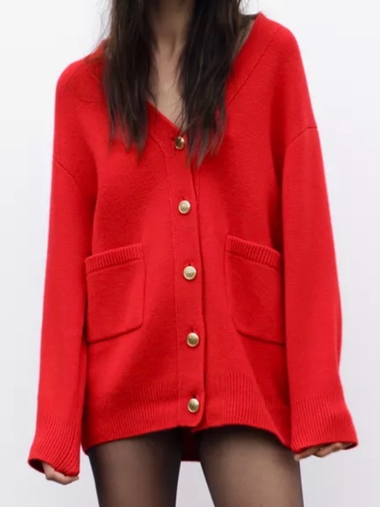 Zara Sweaters - Zara 100% Wool Red Oversized V-Neck Button Cardigan Women’s Size Medium